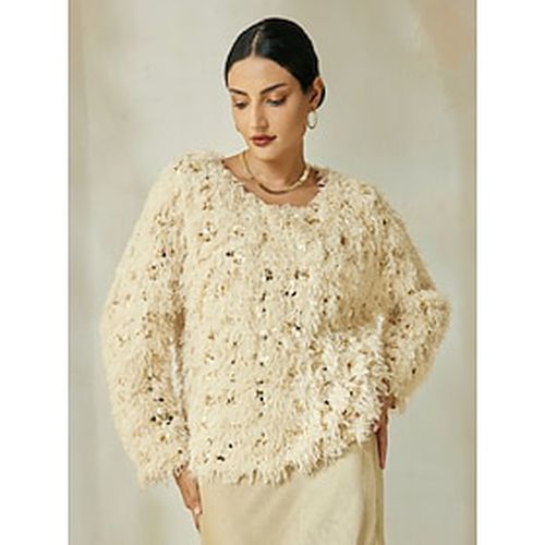 Apricot Sequin Feather Crew Neck Blouse - Ador.com - Modalova