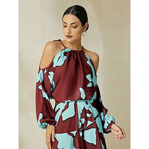 Satin Geometric Drawstring Cold Shoulder Halter Blouse - Ador - Modalova