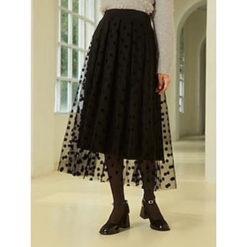 Knit Polka Dot Flocking Mesh Lined Midi Skirt - Ador - Modalova