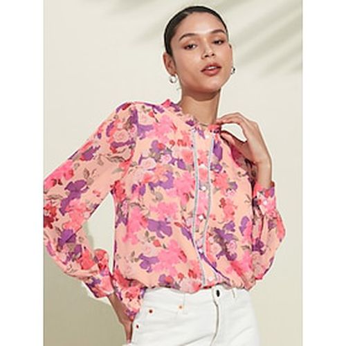 Women's Floral Print Chiffon Shirt Long Sleeve Notched Neckline Pink Buttoned Blouse - Ador.com - Modalova