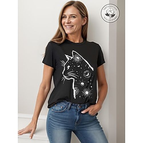 Cotton Cat Print T shirt Casual Daily Short Sleeve Crew Neck Women's Clothing - Ador - Modalova