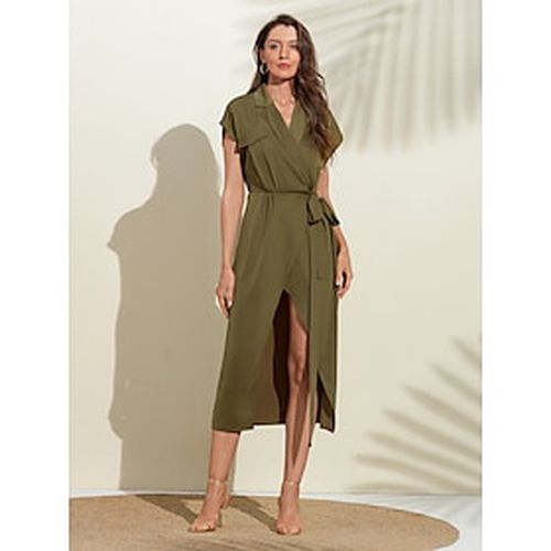 Women's Shirt Dress Midi Casual Dress Olive Green Collared Belted Loose Fit Short Sleeve - Ador - Modalova