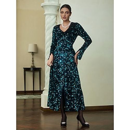 Sequin Dark Green Long Sleeve Split Knit Maxi Dress - Ador.com - Modalova