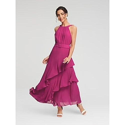 Women's Elegant Dress Rose Red Sleeveless Solid Color Ruffle Mismatched All Seasons Elegant Dress Wedding Party S M L - Ador.com - Modalova