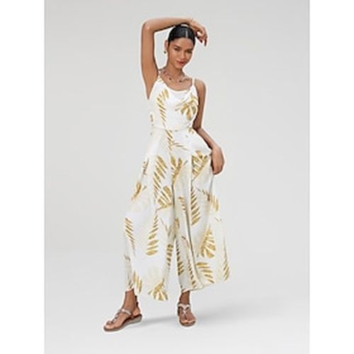 Satin Gold Leaf Print Swing Neck Jumpsuit - Ador - Modalova