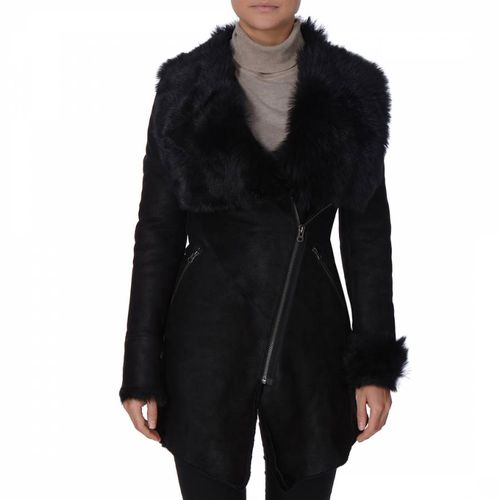 Long Black Shearling Biker Coat - Shearling Boutique - Modalova