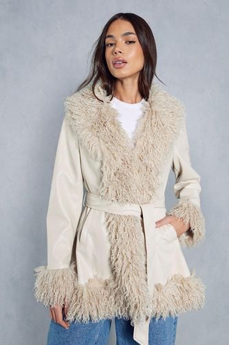 Womens Leather Look Monglian Faux Fur Trim Belted Coat - - 14 - MISSPAP - Modalova