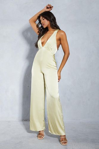 Womens Satin Plunge Underbust Seam Detail Wide Leg Jumpsuit - - 16 - MISSPAP - Modalova