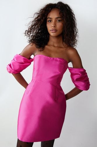 Womens Satin Twill Bardot Puff Sleeve Mini Dress - - 10 - Warehouse - Modalova