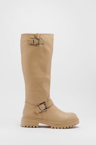 Womens Faux Leather Double Buckle Knee High Boots - - 5 - Warehouse - Modalova