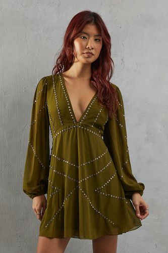Womens Premium Chiffon Embellished Plunge Neck Mini Dress - - 10 - Warehouse - Modalova