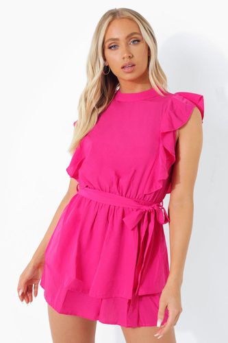 Womens High Neck Frill Detail Belted Playsuit - - 10 - boohoo - Modalova