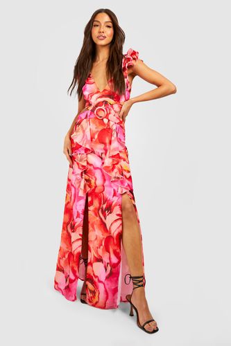 Womens Floral Ruffle Belted Chiffon Maxi Dress - - 18 - boohoo - Modalova