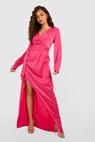 Womens Satin Long Sleeve Wrap Front Maxi Dress - - 10 - boohoo - Modalova