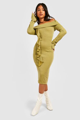 Womens Petite Bardot Ruffle Long Sleeve Midi Dress - - 14 - boohoo - Modalova