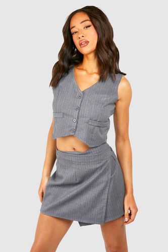 Womens Marl Pinstripe Brushed Wrap Front Skirt - - 12 - boohoo - Modalova