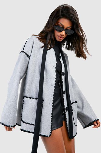 Womens Contrast Blanket Stitch Wool Look Jacket - - 10 - boohoo - Modalova
