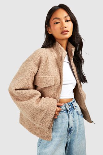 Womens Funnel Neck Wool Look Zip Detail Jacket - - 12 - boohoo - Modalova