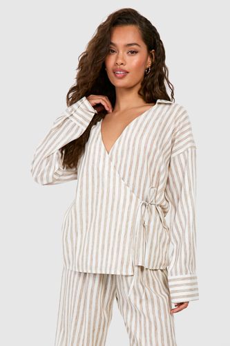Womens Stripe Linen Wrap Shirt - - 10 - boohoo - Modalova