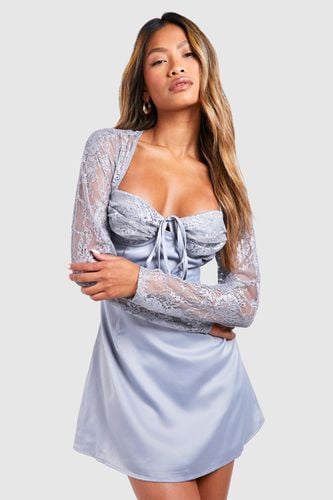 Womens Lace Sleeve Satin Mini Dress - - 10 - boohoo - Modalova