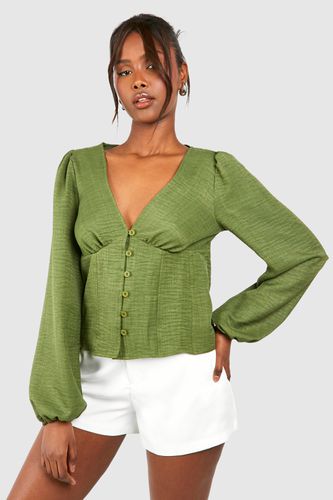 Womens Linen Button Detail Long Sleeve Blouse - - 10 - boohoo - Modalova