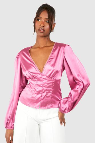 Womens Satin Button Detail Long Sleeve Blouse - - 10 - boohoo - Modalova