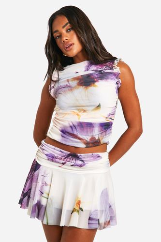 Womens Mesh Floral Print Ruched Frill Shoulder Crop Top - - 10 - boohoo - Modalova