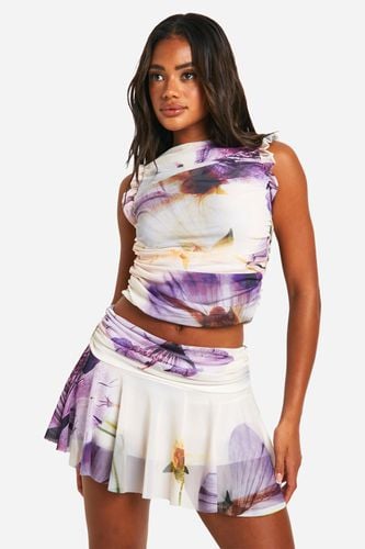 Womens Foldover Mesh Floral Print Mini Skirt - - 14 - boohoo - Modalova