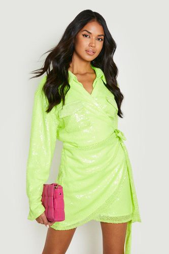 Womens Neon Sequin Wrap Shirt Dress - - 8 - boohoo - Modalova