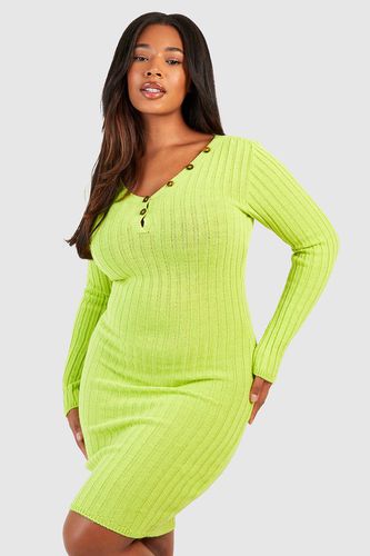 Womens Plus Wide Rib Knitted Deep V Mini Dress - - 16 - boohoo - Modalova