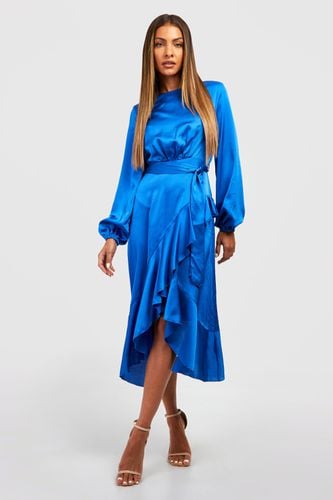 Womens Long Sleeve Satin Frill Wrap Midi Dress - - 12 - boohoo - Modalova