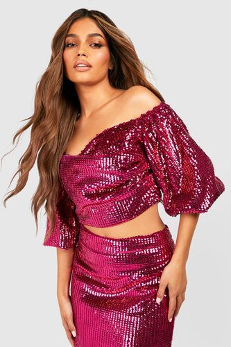 Womens Bright Sequin Volume Sleeve Bardot Top - - 12 - boohoo - Modalova