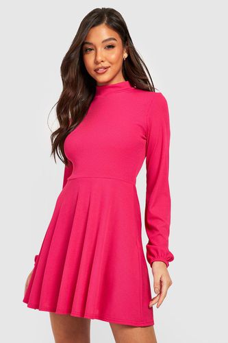 Womens Basic Rib High Neck Skater Dress - - 14 - boohoo - Modalova