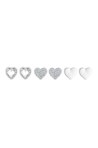 Womens Silver Polished And Crystal Heart Stud Earrings - Pack of 3 - - One Size - Mood - Modalova