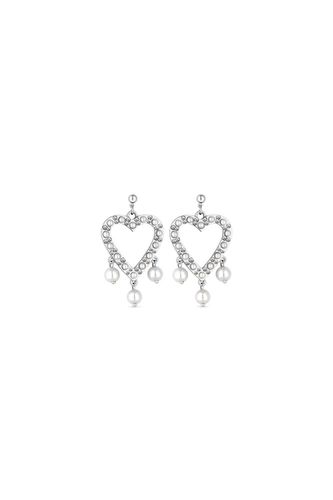 Womens Silver Plated Largepearl And Crystal Heart Earrings - - One Size - Mood - Modalova