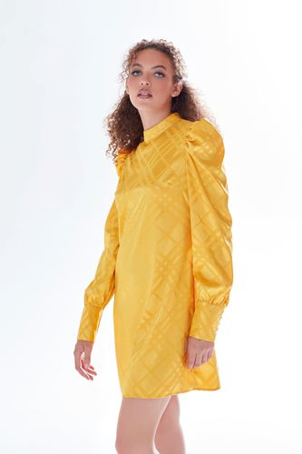 Womens Check Jacquard Mini Dress With High Neck & Puff Sleeve Details In Mustard - - 8 - Liquorish - Modalova