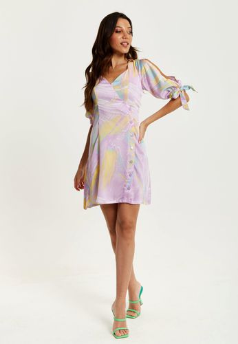 Womens Mini Abstract Brush Stroke Print Dress With V Neck, Tie Back And Tie Sleeves In Lilac - - 8 - Liquorish - Modalova