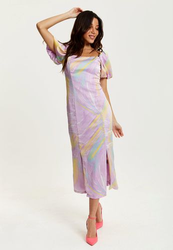 Womens Midi Square Neck, Brush Stroke Print Dress In Lilac - - 10 - Liquorish - Modalova
