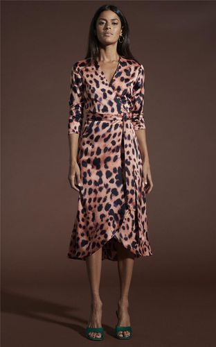 Womens Yondal Leopard Print Wrap Front Midi Dress V-Neck Tie Waist Outfit - - 14 - Dancing Leopard - Modalova