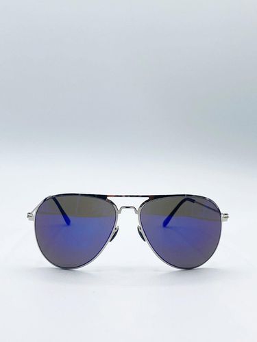 Silver Aviator Sunglasses with Blue Mirrored Lenses - - One Size - SVNX - Modalova