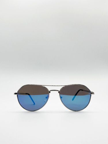 Silver Aviator Sunglasses With Blue Mirrored Lenses - - One Size - SVNX - Modalova