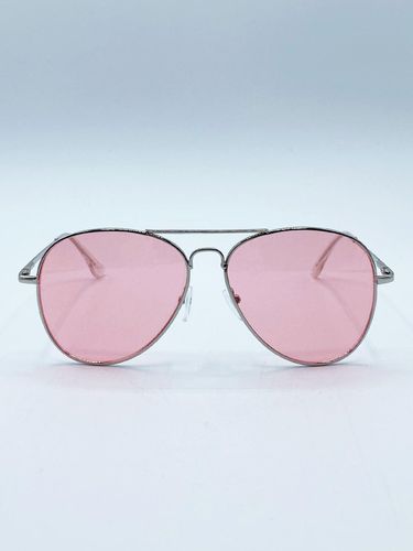 Womens Silver Frame Aviators with Pink Lenses - - One Size - SVNX - Modalova