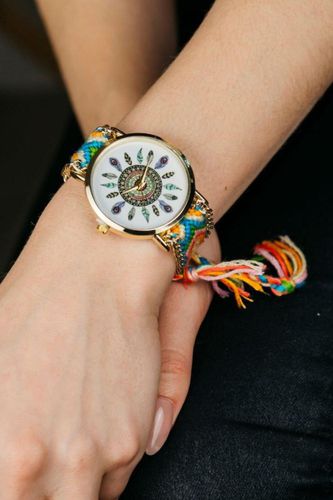 Womens Gold Boho Mandala Art Bohemian Jute Knitted Strap Bracelet Wrist Watch - One Size - The Colourful Aura - Modalova