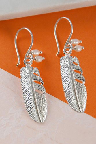 Womens Feather Drop Sterling Silver Earrings with Pearls - - One Size - Otis Jaxon London - Modalova