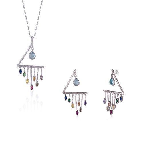 Womens Colourful Rainbow Rain Drop Earring and Necklace Set in Sterling Silver - - One Size - Spero London - Modalova