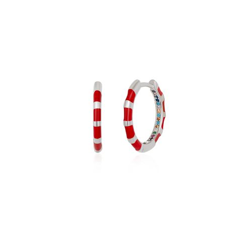 Womens Enamel Red Fine Stripe Sterling Silver Hoop Earrings With Multi Color Zirconia Interior - - One Size - Spero London - Modalova