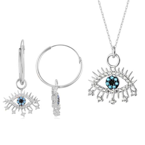 Womens Evil Eye Earring Blue Eye Sterling Silver Pendant Eyelash Necklace and Earring Set - - One Size - Spero London - Modalova