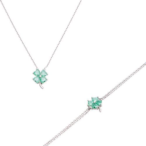 Womens Four Leaves Clover Sterling Silver Bracelet and Necklace Set in Green - - One Size - Spero London - Modalova