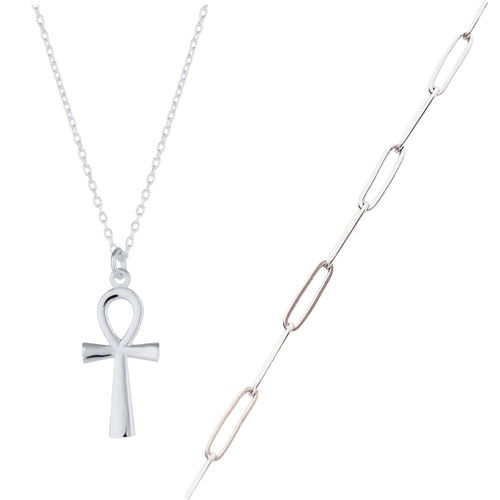 Womens Sterling Silver Egyptian Ankh and Large Rectangular Chain Stacking Necklace Set - - One Size - Spero London - Modalova
