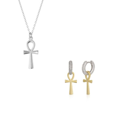 Womens Sterling Silver Egyptian Ankh Necklace and Earring Set - - One Size - Spero London - Modalova